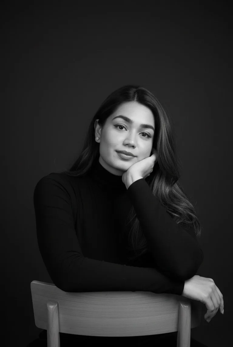 Ashwarya seated in a black sweater